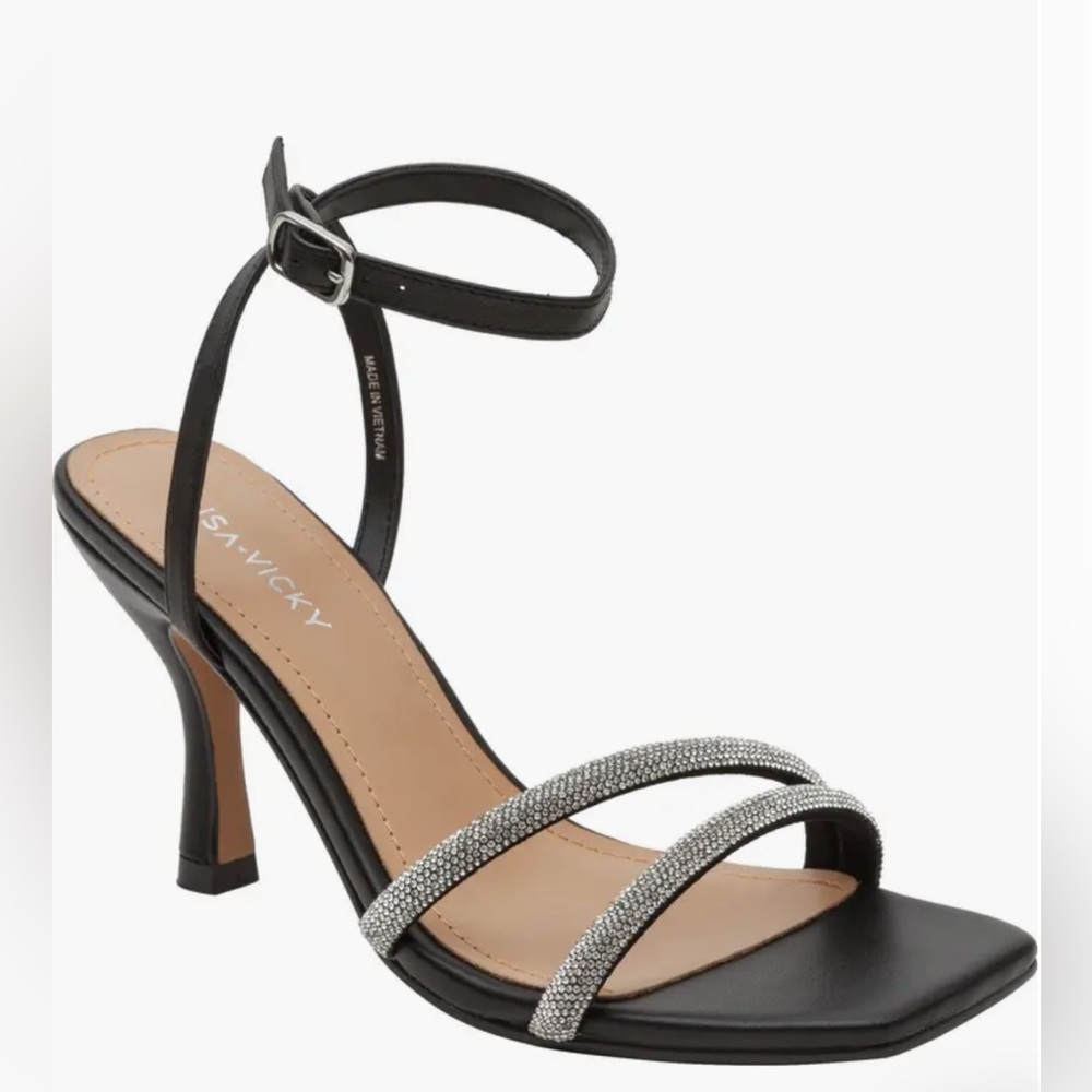 NIB Lisa Vicky Gem Crystal Ankle Strap Heeled Sandal in Black